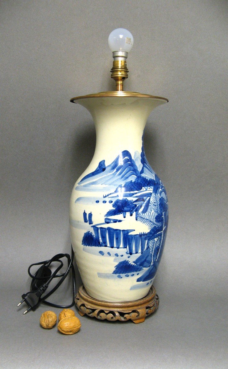 Asia China Blue And White Ceramic Lamp Base.-photo-1