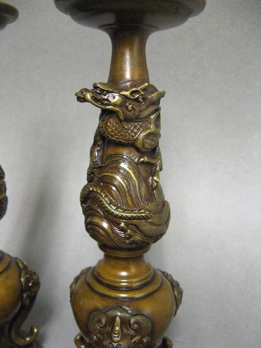 Pair Of Spades Candle With Dragons. 19th Century Meiji Bronze.-photo-4
