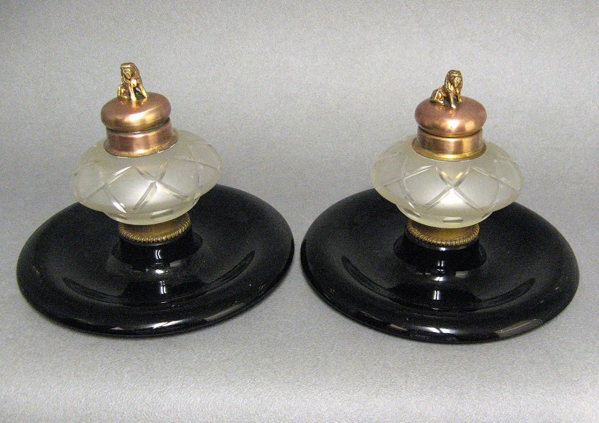 Paire d'Encriers De Bureau En Cristal Taillé Vers 1900.