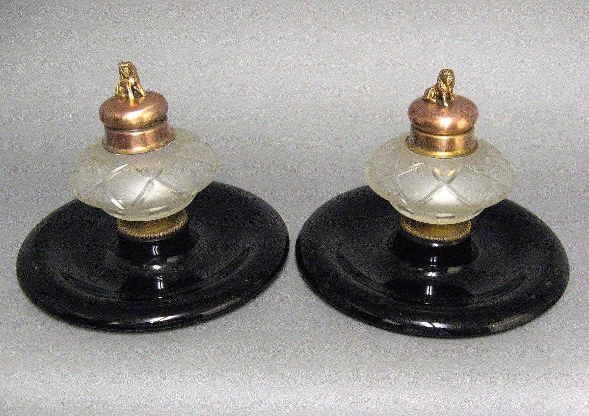 Pair Of Office Inkwells In Cut Crystal Around 1900.