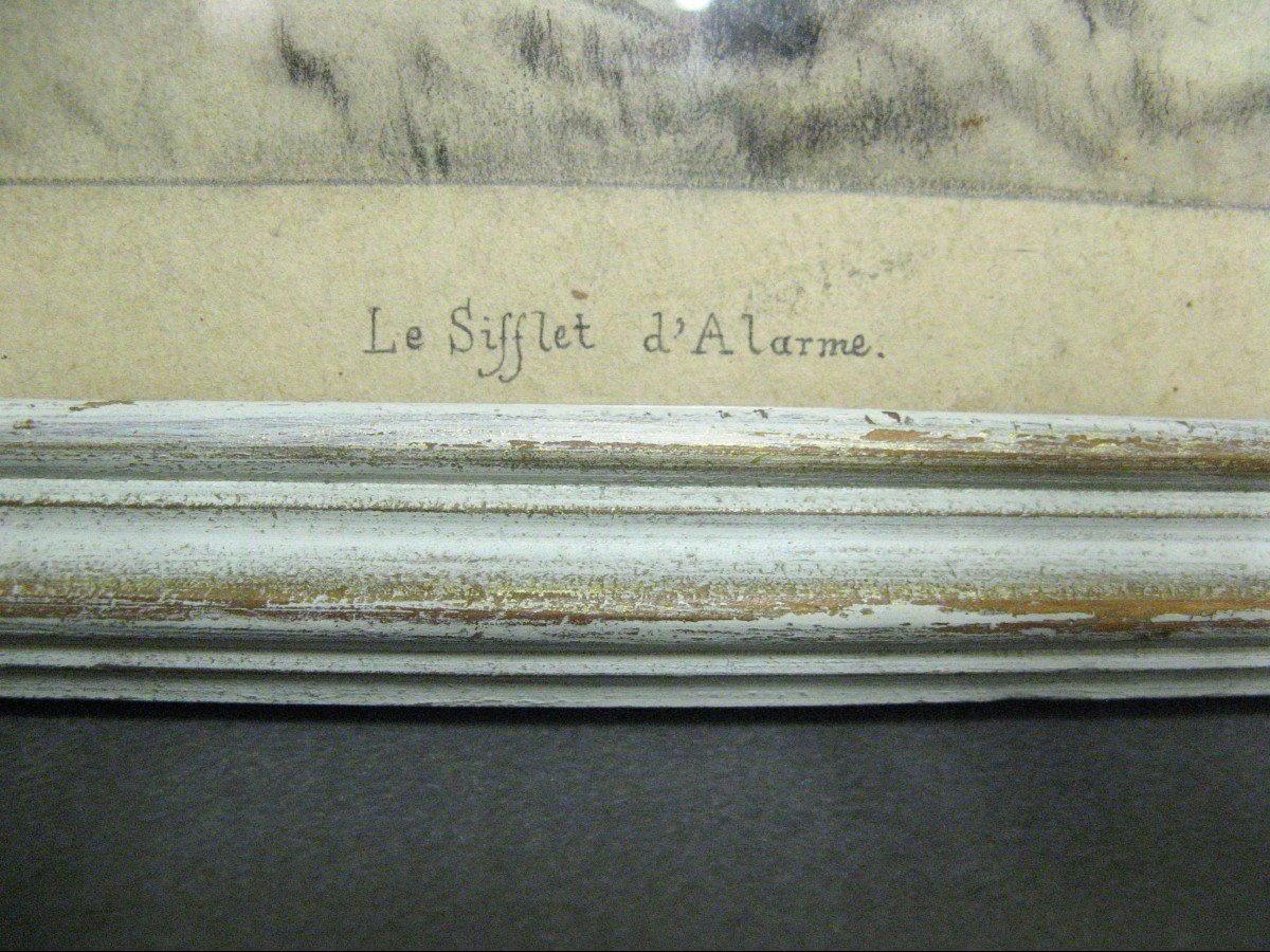 Dessin Au Fusain " Le Sifflet d'Alarme " Par Ducros. Guerre de 1870.-photo-2