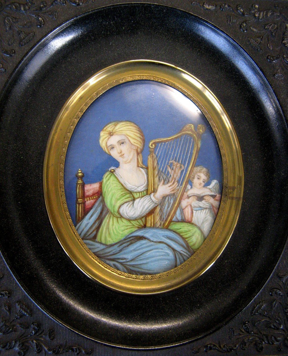 Peinture Miniature , Allégorie De La Musique Angelot  Cadre Ebonite XIXe Napoléon III.-photo-2