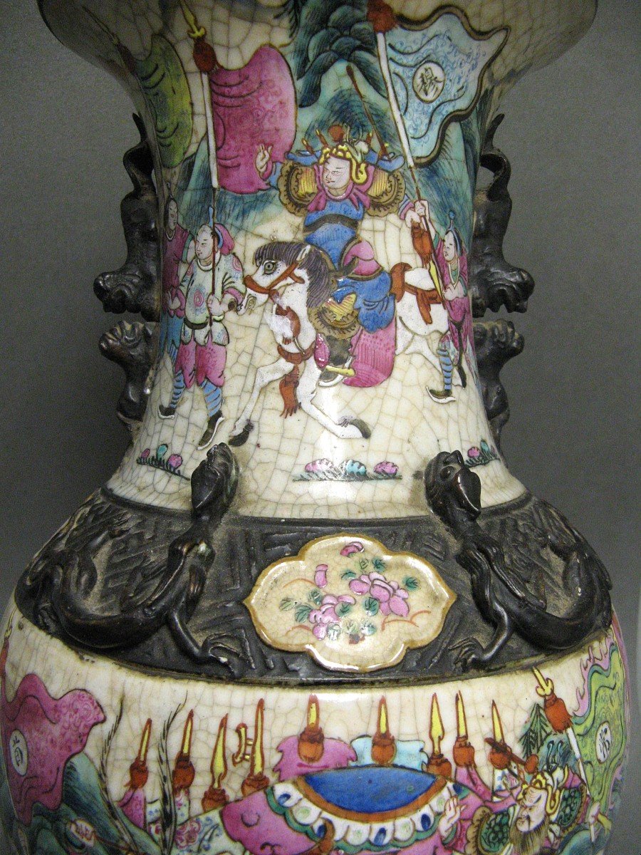 Large Chinese Vase In Cracked Ceramic From Nanking 19th Century. Rose Family.-photo-4