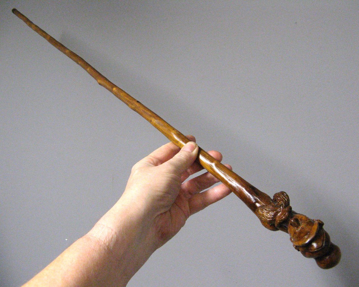 Cane Called “grognards” In Carved Boxwood. 19th Century Popular Art Monoxyl Cane.-photo-1