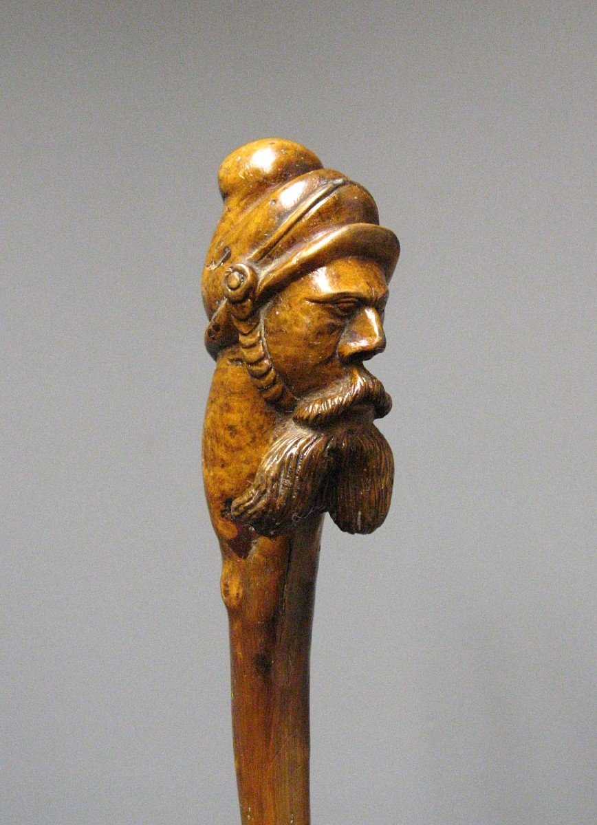 Cane Called “grognards” In Carved Boxwood. 19th Century Popular Art Monoxyl Cane.