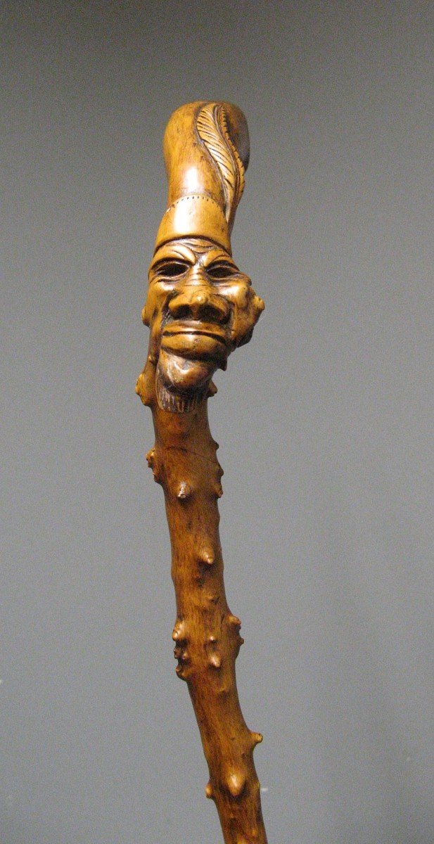 Monoxyl Cane In Boxwood Carved With Grotesque Head Of Voodoo Sorcerer. 19th Century Popular Art.-photo-2