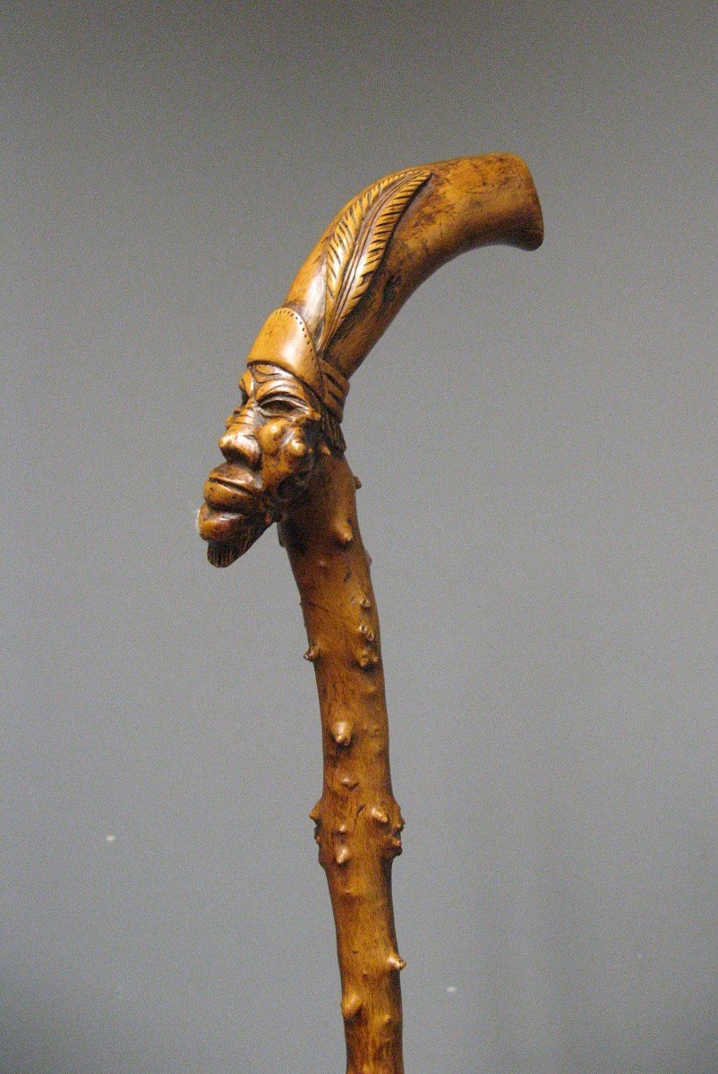 Monoxyl Cane In Boxwood Carved With Grotesque Head Of Voodoo Sorcerer. 19th Century Popular Art.-photo-3