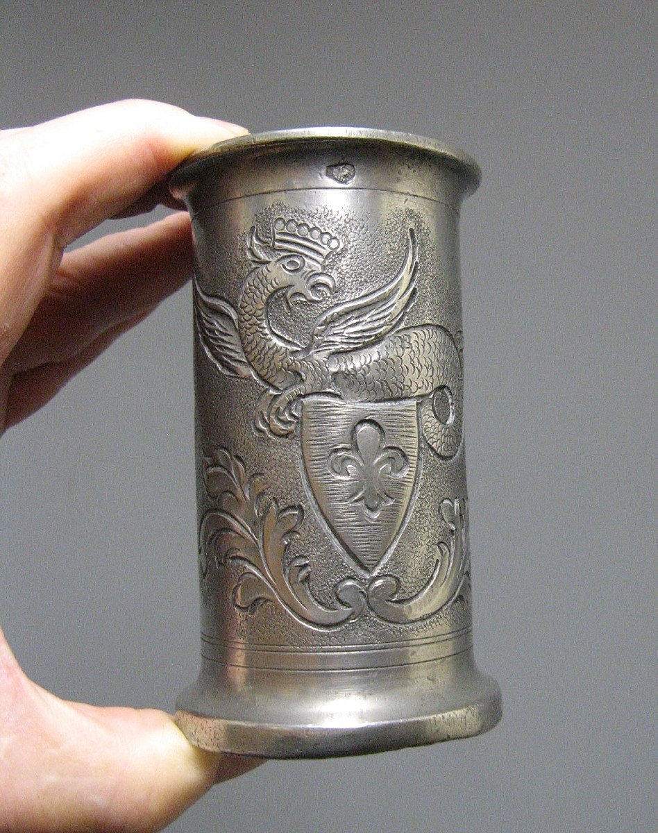 Pewter Measure Coat Of Arms Griffon Fleur De Lys.