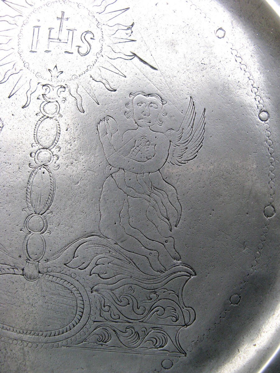 Grand Plat En Etain XVIIIe Art Religieux.-photo-2