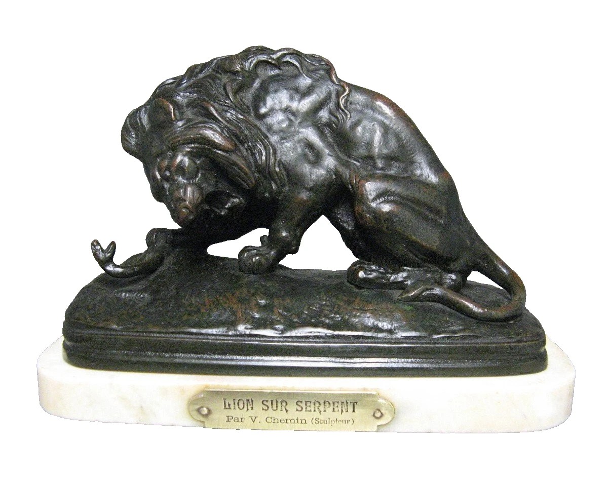 Bronze Sculpture Lion With Snake By Victor Chemin.