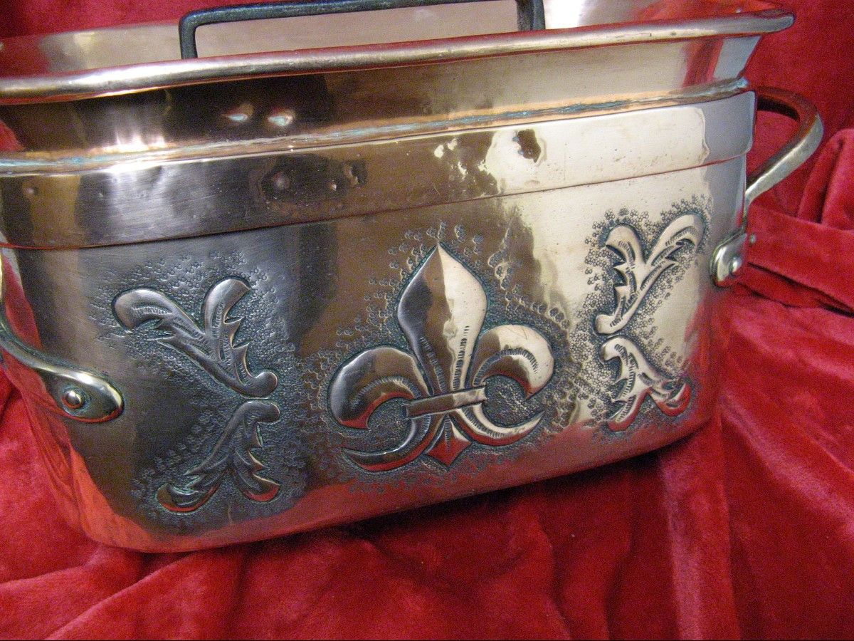 18th Century Copper Braising Pan. Coat Of Arms. Fleur-de-lys. Crown.-photo-2