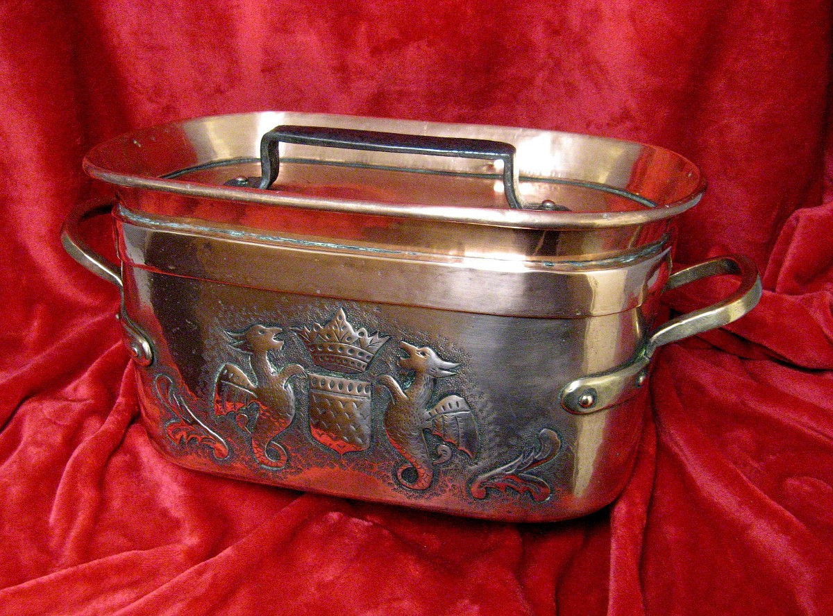 18th Century Copper Braising Pan. Coat Of Arms. Fleur-de-lys. Crown.-photo-3