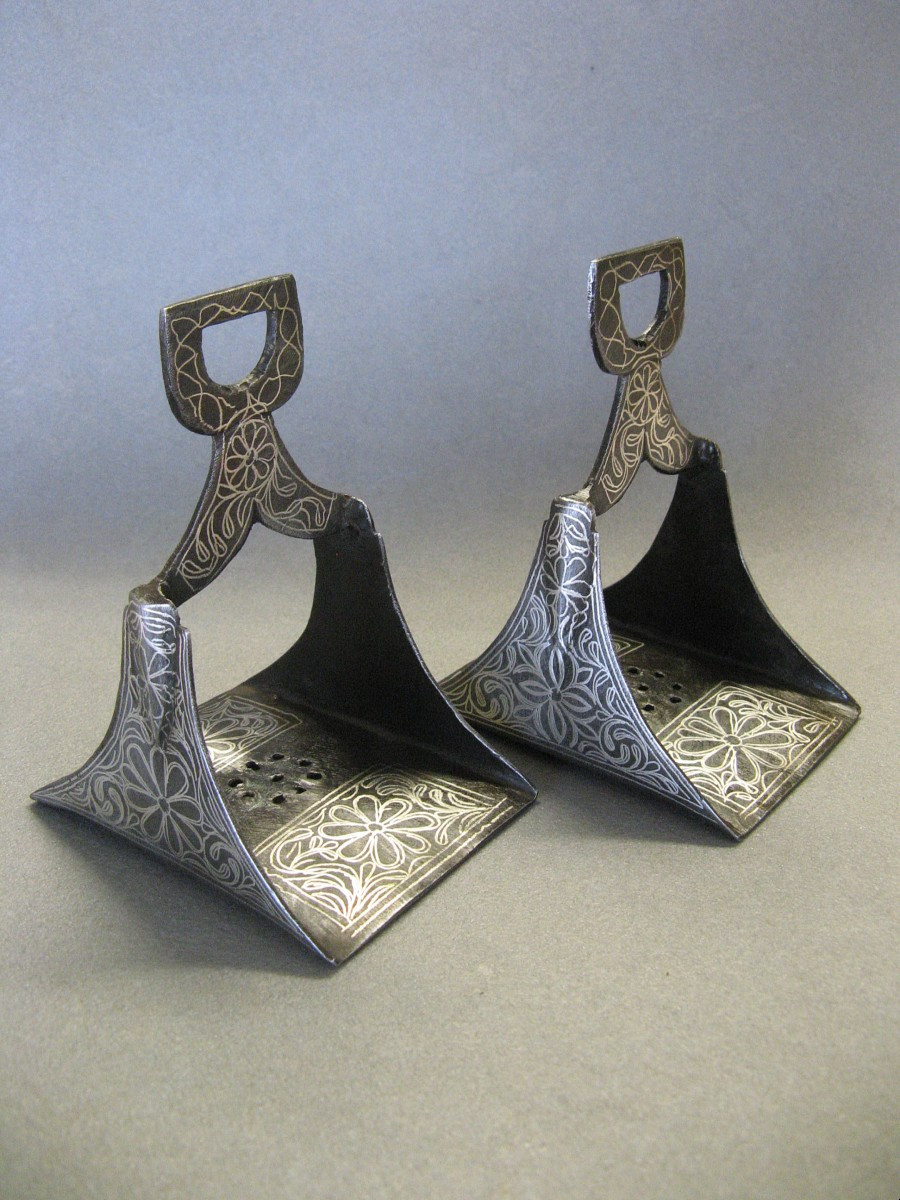 Pair Of Children's Damascened Wrought Iron Stirrups.