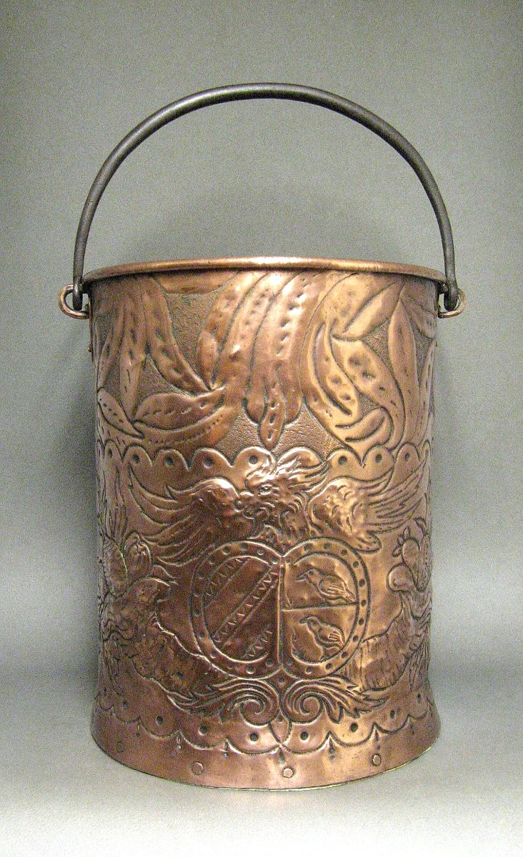 19th Century Repoussé Copper Grain Measure Decorated With Castle Coat Of Arms.-photo-2