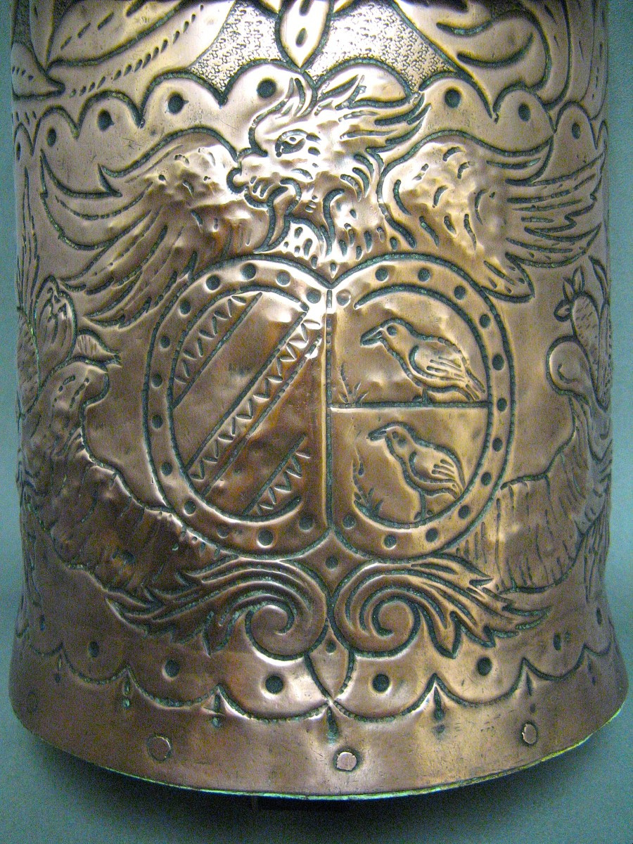 19th Century Repoussé Copper Grain Measure Decorated With Castle Coat Of Arms.-photo-2