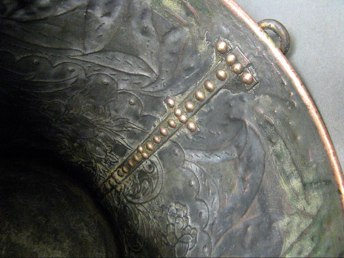 19th Century Repoussé Copper Grain Measure Decorated With Castle Coat Of Arms.-photo-6