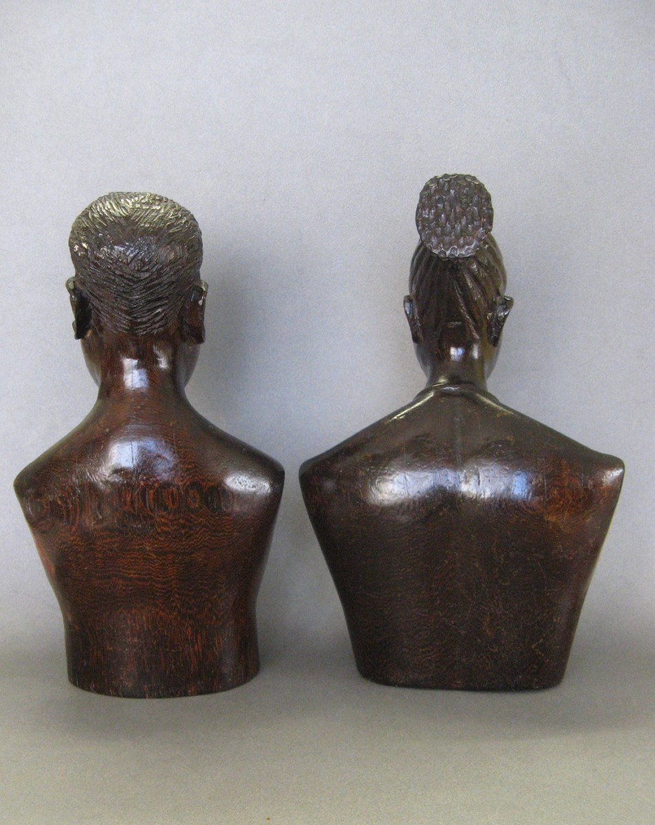 Paire De Bustes Sculptés En Bois Dense. Afrique Circa 1950/60.-photo-3