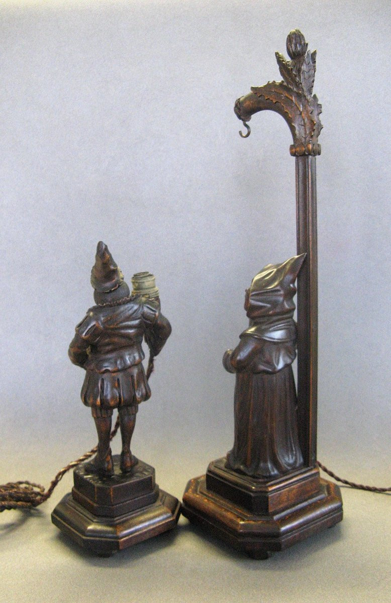 Paire De Lampes Veilleuse Sculpture En Bois « Moines Bénédictins » Vers 1900/20.-photo-1