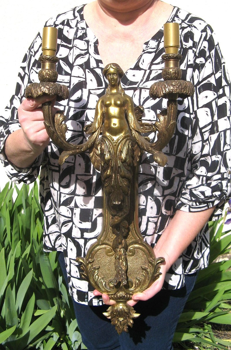 Grande Paire d'Appliques Cariatides Bronze Doré.-photo-1