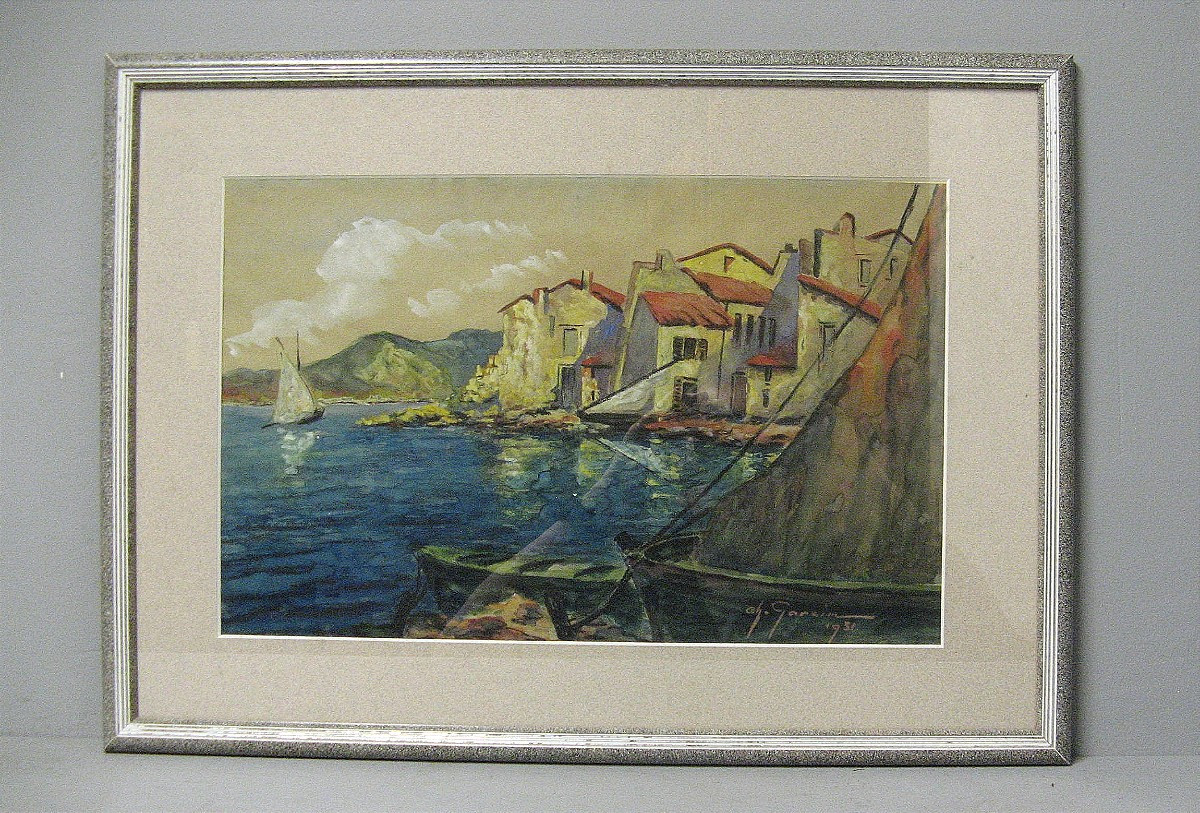 Aquarelle Bord De Mer - Voiliers Paysage Méridional.-photo-2