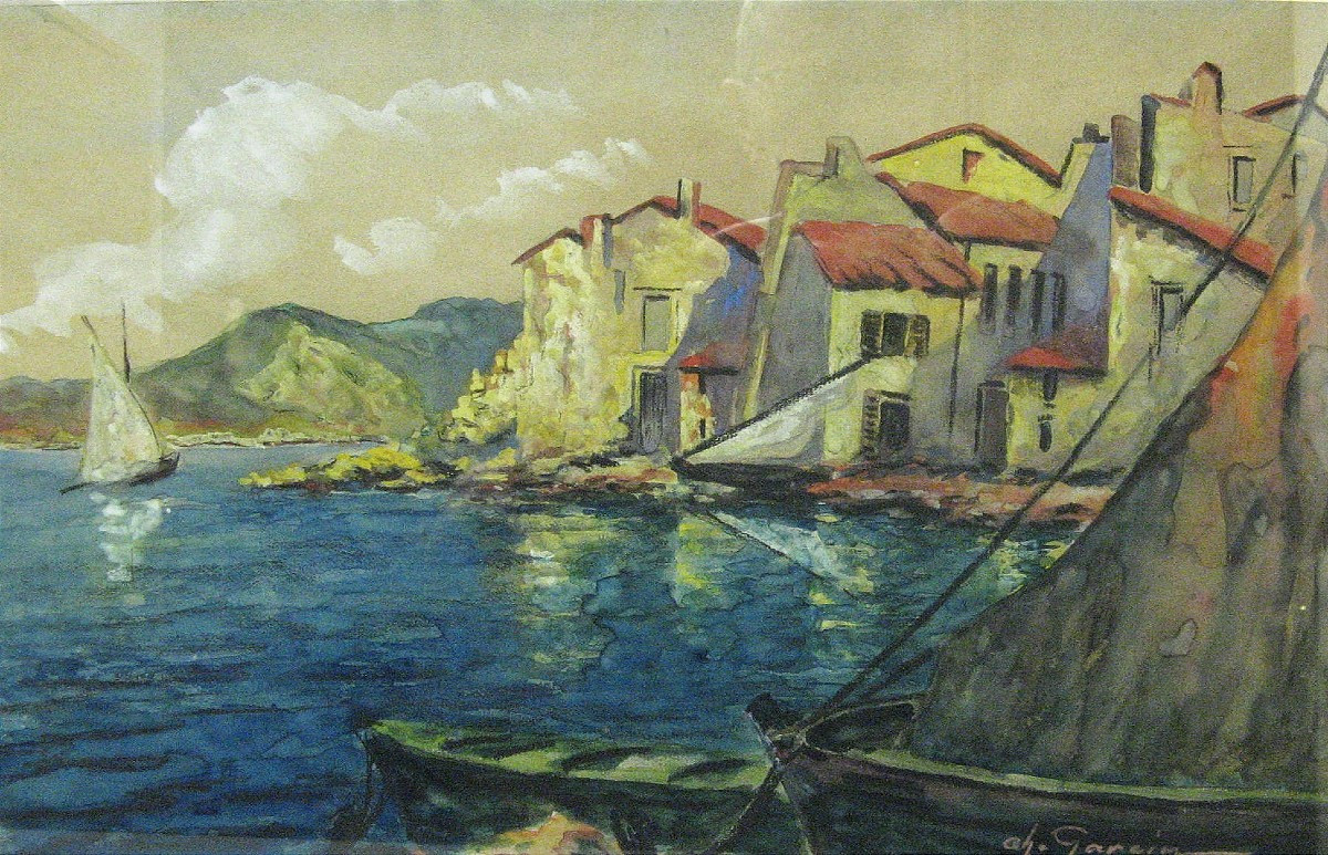 Aquarelle Bord De Mer - Voiliers Paysage Méridional.