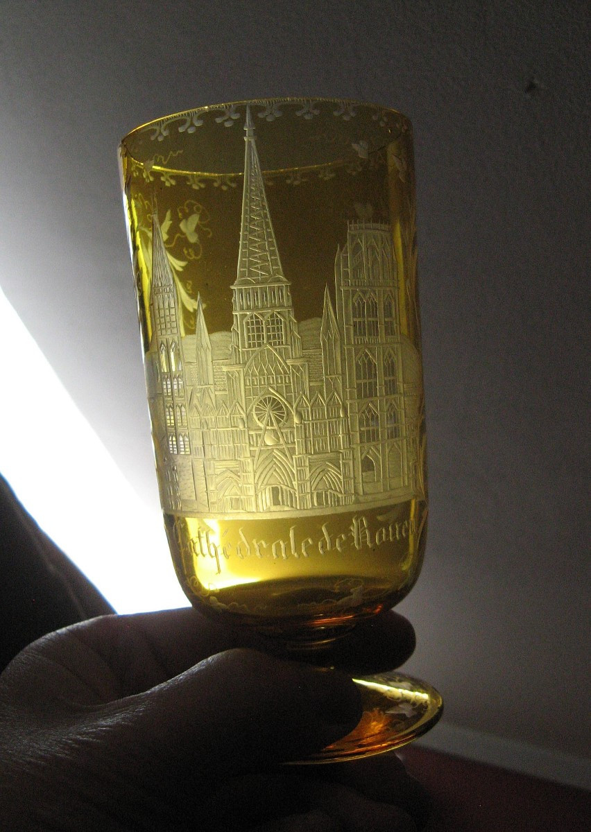 Verre Cristal De Bohême Biedermeier Gravé XIXe. Cathédrale De Rouen.-photo-3