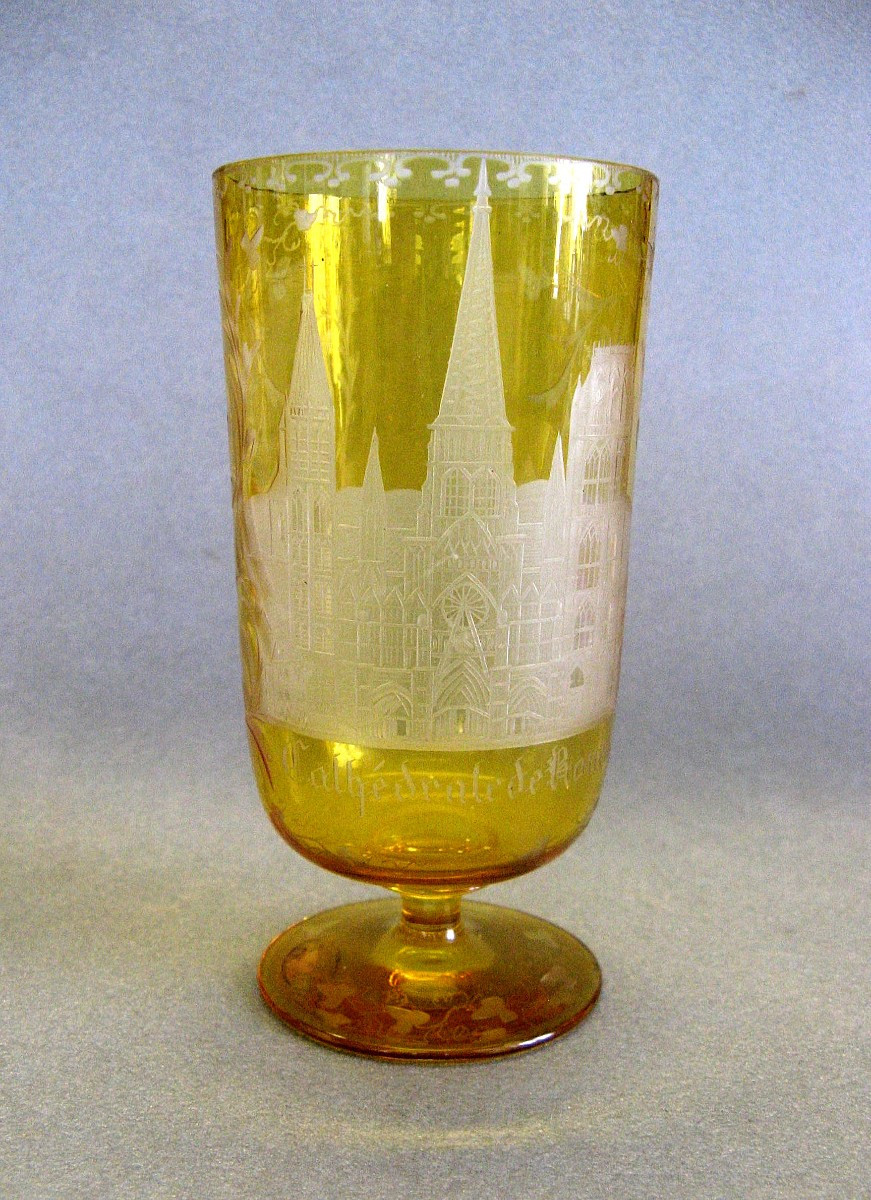 Verre Cristal De Bohême Biedermeier Gravé XIXe. Cathédrale De Rouen.
