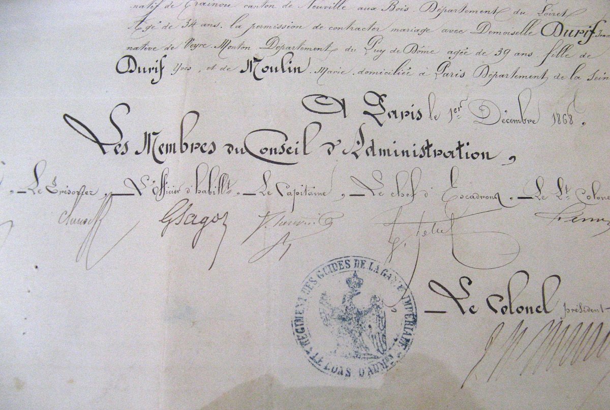 Marriage License For A Guide Of The Imperial Guard Of The Second Empire.