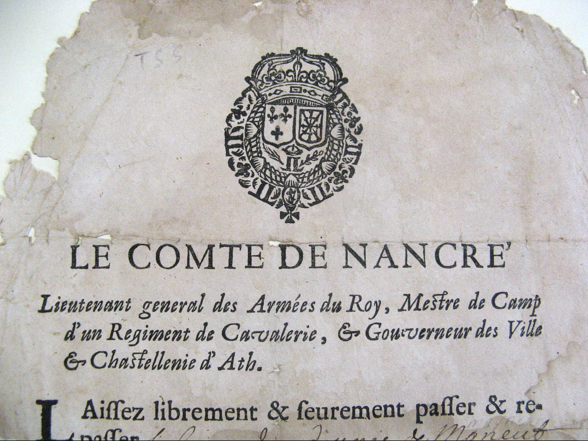 Sauf-Conduit 17e Du Comte De Nancré châtellenie d'Ath comté Du Hainaut. Louis XIV.-photo-2