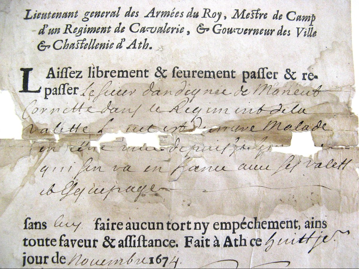 Sauf-Conduit 17e Du Comte De Nancré châtellenie d'Ath comté Du Hainaut. Louis XIV.-photo-3