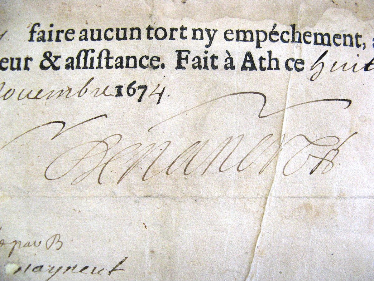 Sauf-Conduit 17e Du Comte De Nancré châtellenie d'Ath comté Du Hainaut. Louis XIV.-photo-1