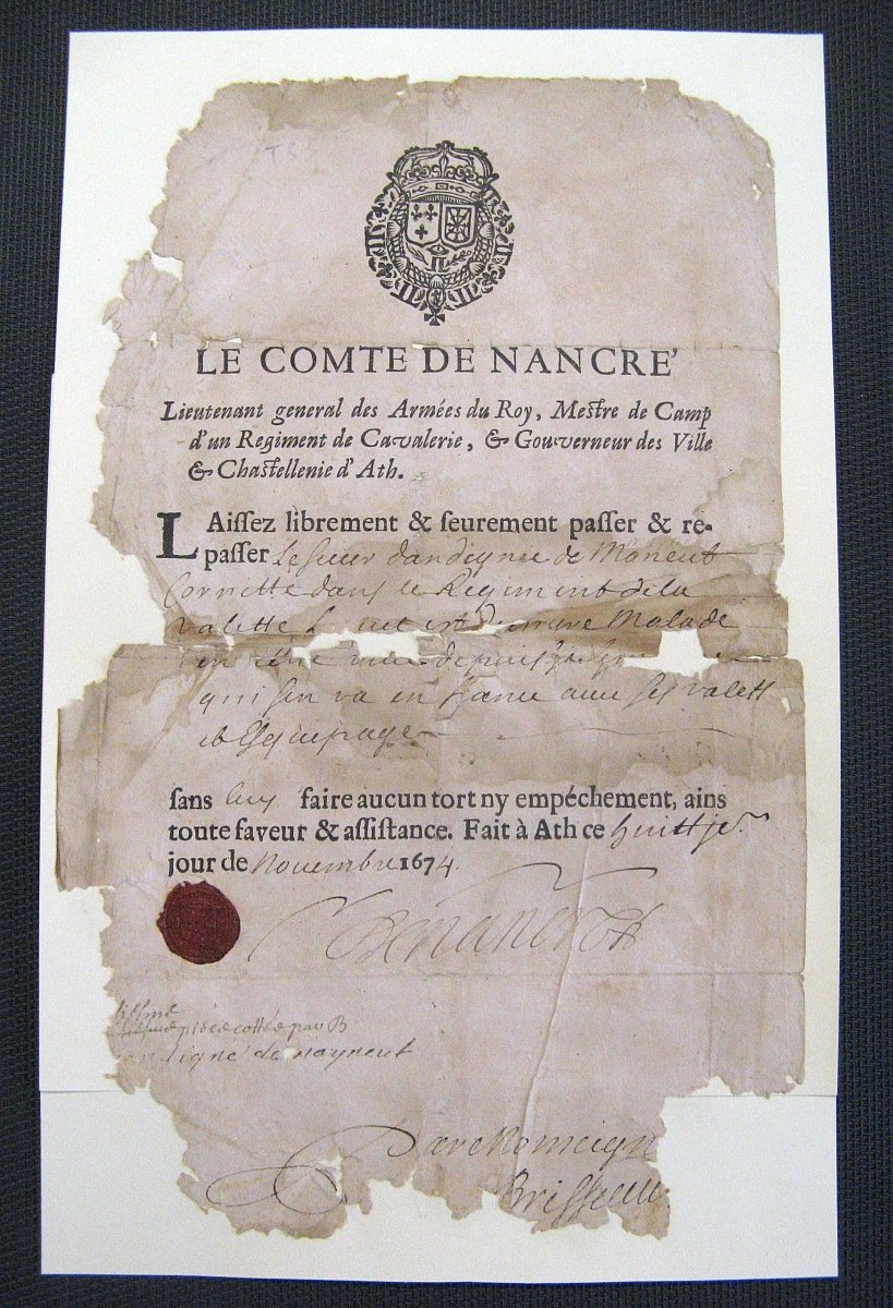 Sauf-Conduit 17e Du Comte De Nancré châtellenie d'Ath comté Du Hainaut. Louis XIV.
