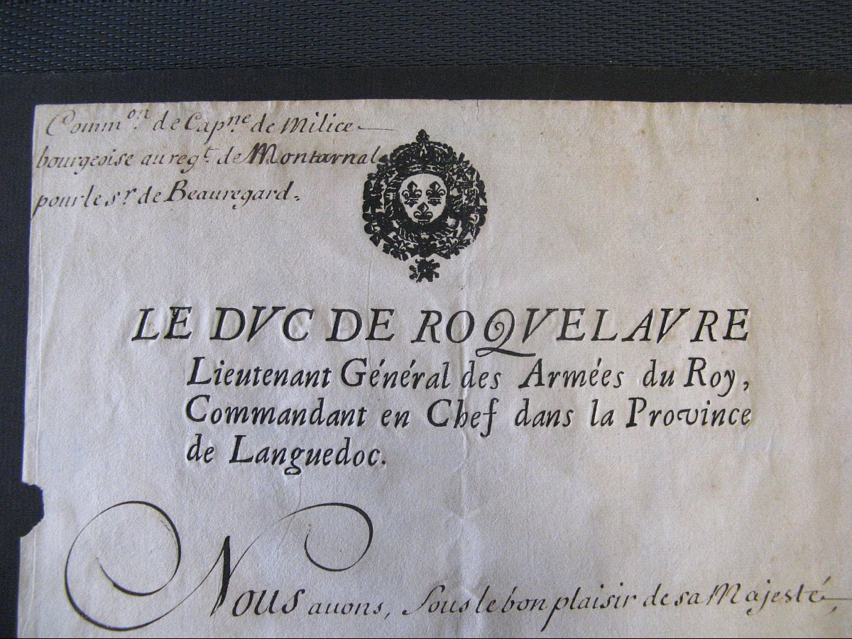 Nomination Militaire Au Grade De Capitaine Par Le Duc De Roquelaure Sous Le Règne De Louis XIV.-photo-2