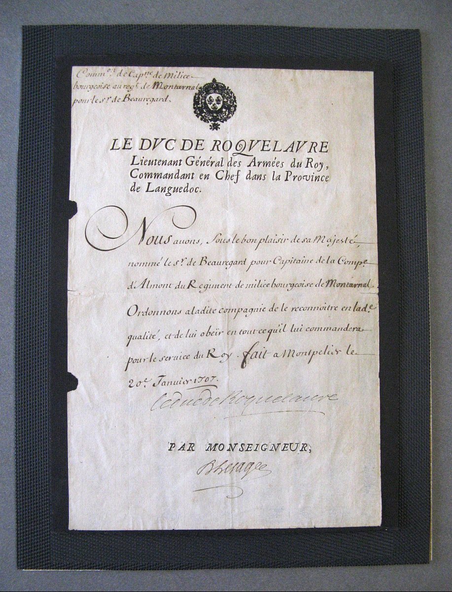 Nomination Militaire Au Grade De Capitaine Par Le Duc De Roquelaure Sous Le Règne De Louis XIV.-photo-2