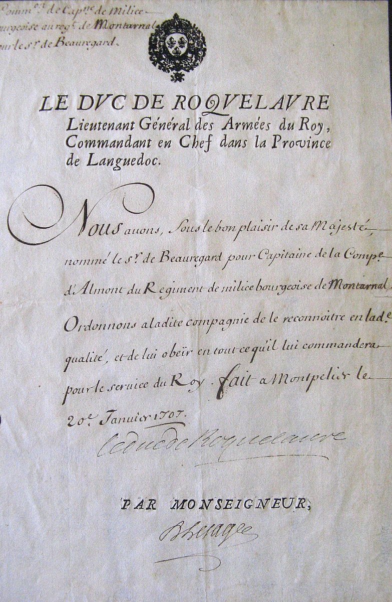 Nomination Militaire Au Grade De Capitaine Par Le Duc De Roquelaure Sous Le Règne De Louis XIV.