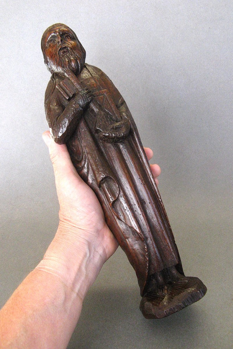 Religious Statue Of Saint Peter, Carved From A Single Block Of Solid Wood, 18th-century Folk Art.-photo-6