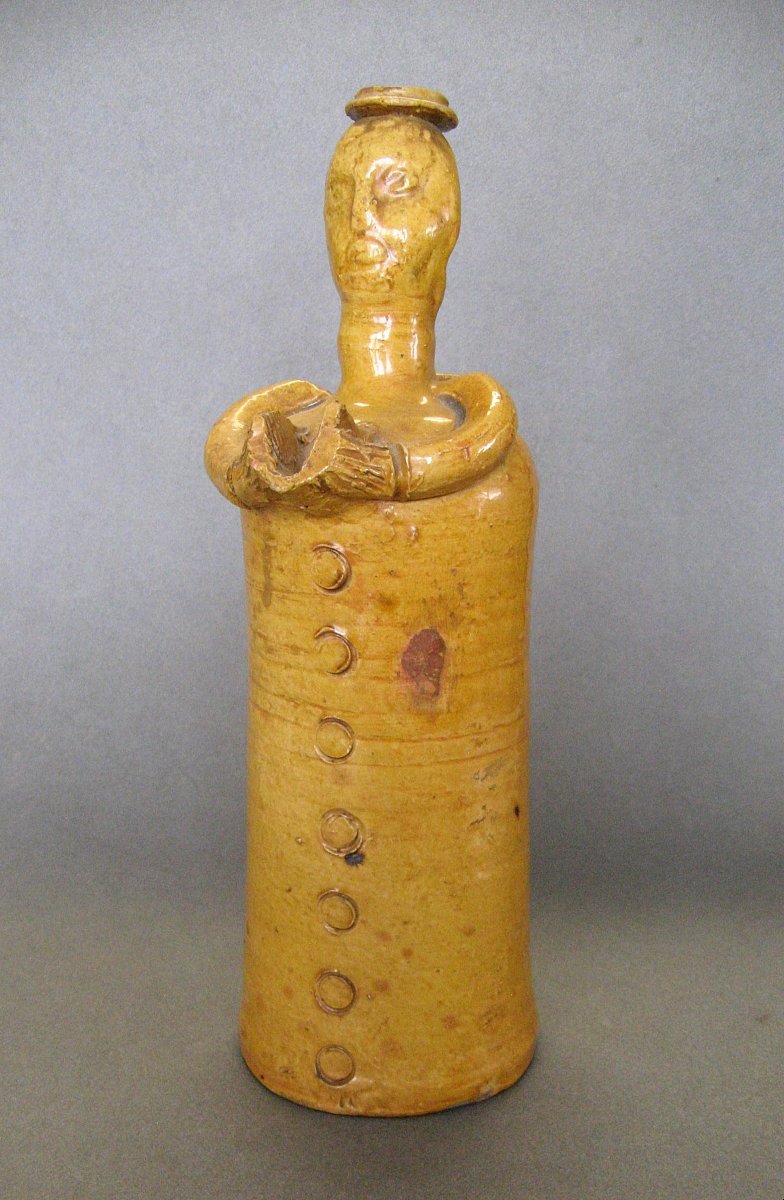 Bouteille Pichet Anthropomorphe En Terre Cuite A Glaçure XIXe.-photo-2