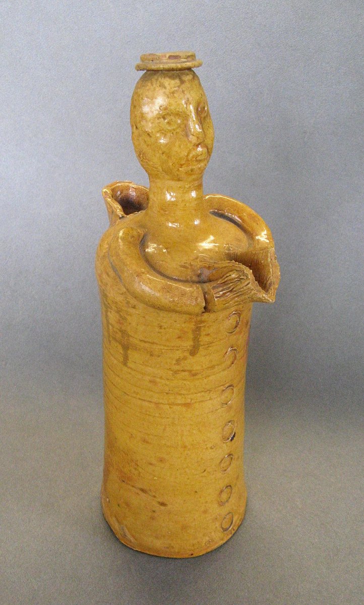 Bouteille Pichet Anthropomorphe En Terre Cuite A Glaçure XIXe.-photo-3