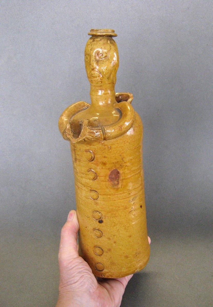 Bouteille Pichet Anthropomorphe En Terre Cuite A Glaçure XIXe.-photo-3