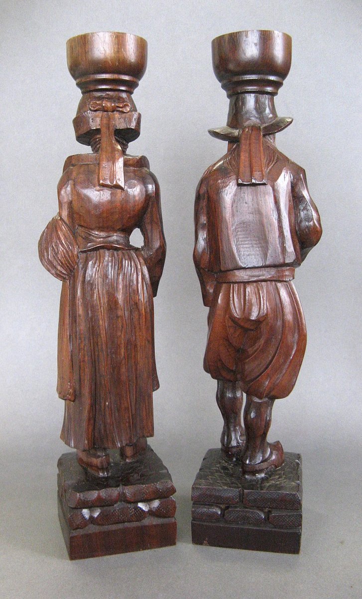 A Breton Couple In Carved Wooden Costumes.-photo-2