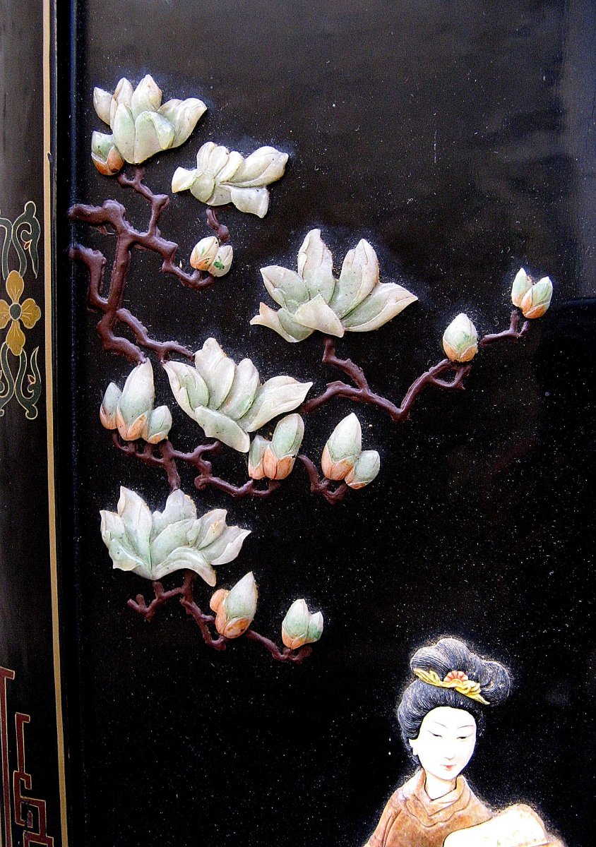 Panneau Mural Chinois En bois Laqué Et Pierres Dures.-photo-3