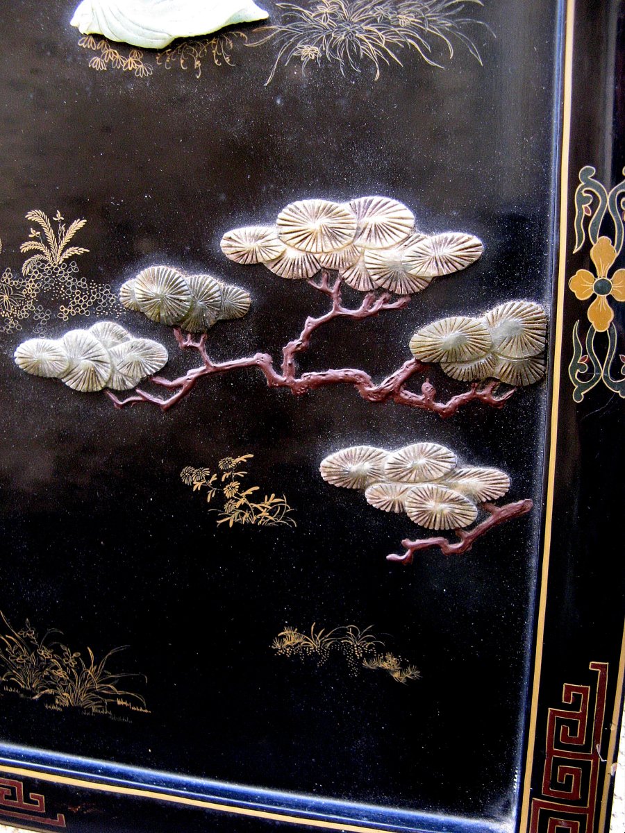 Panneau Mural Chinois En bois Laqué Et Pierres Dures.-photo-4