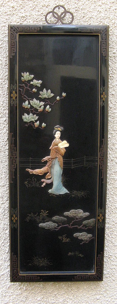 Panneau Mural Chinois En bois Laqué Et Pierres Dures.-photo-1