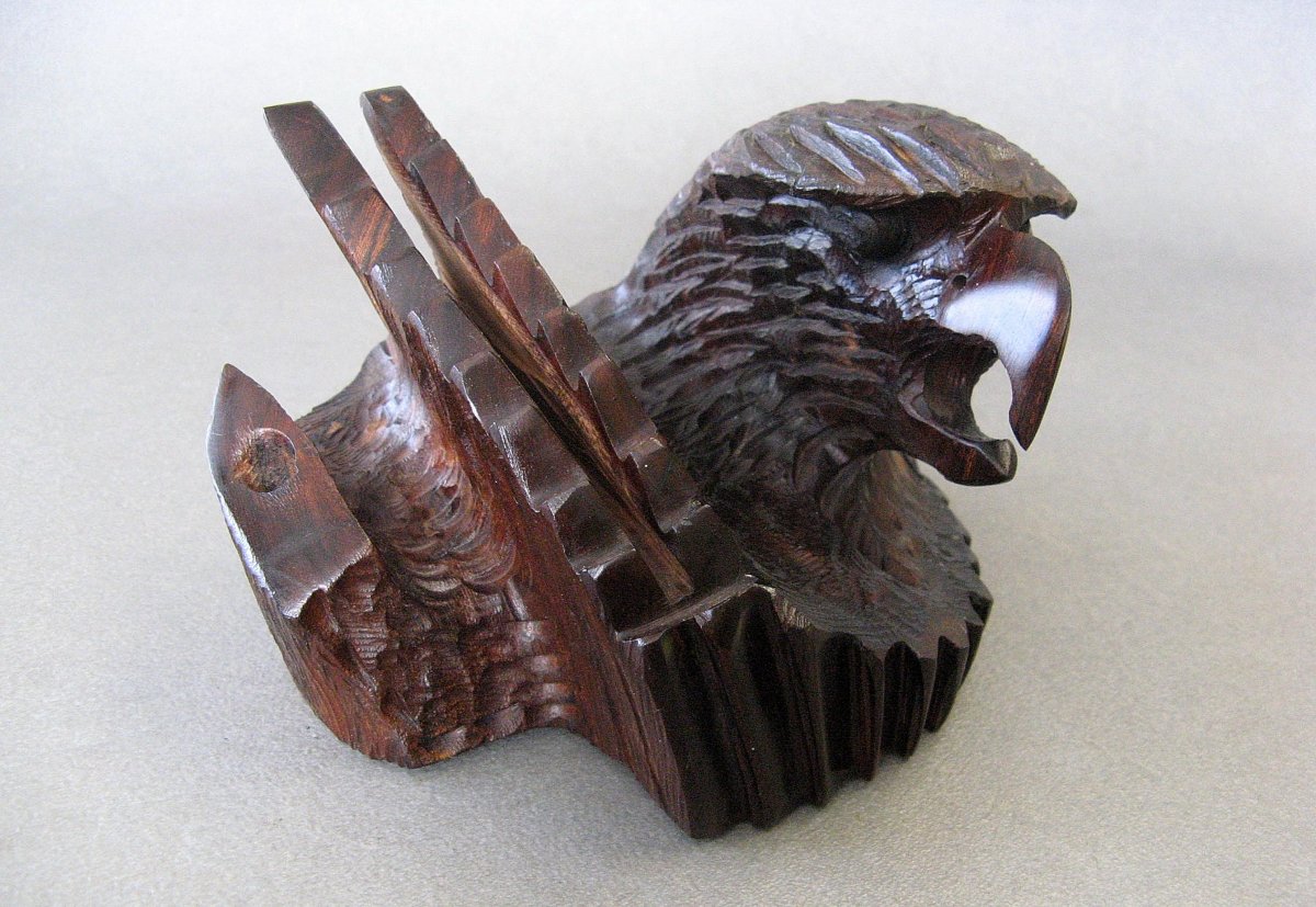 Wooden Desk Stand Carved With An Eagle's Head.
