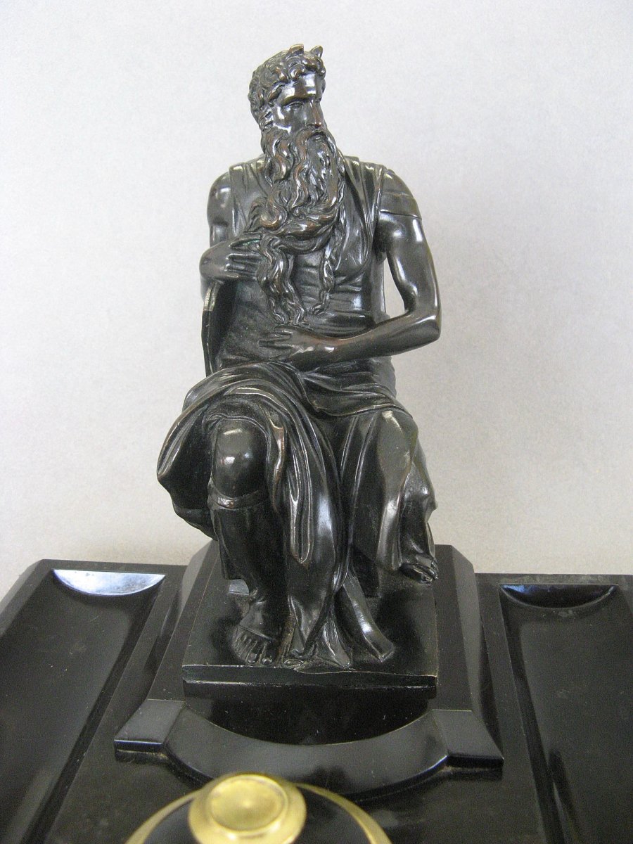 Encrier en marbre et bronze représentant "Moïse" de Michel-Ange XIXe.-photo-2