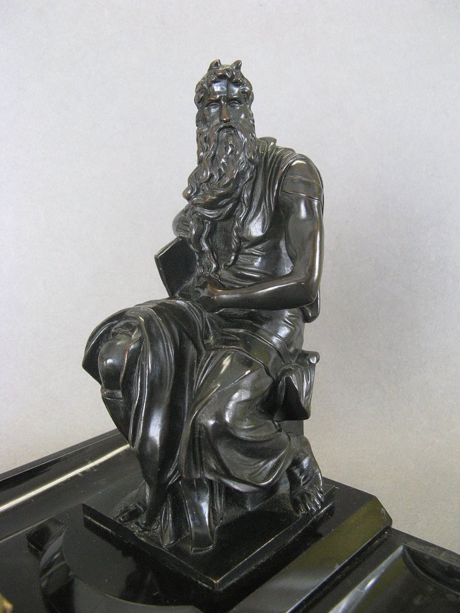 Encrier en marbre et bronze représentant "Moïse" de Michel-Ange XIXe.-photo-3