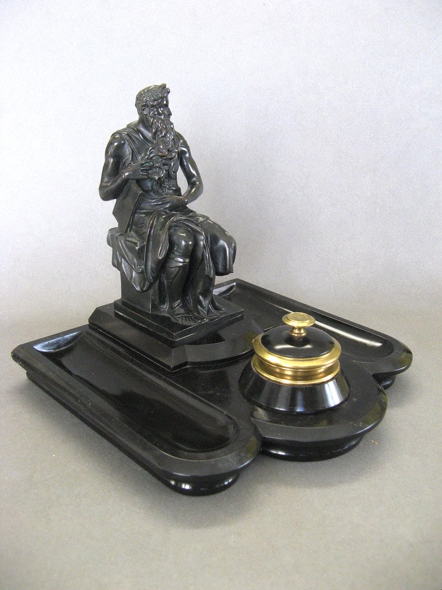 Encrier en marbre et bronze représentant "Moïse" de Michel-Ange XIXe.-photo-1
