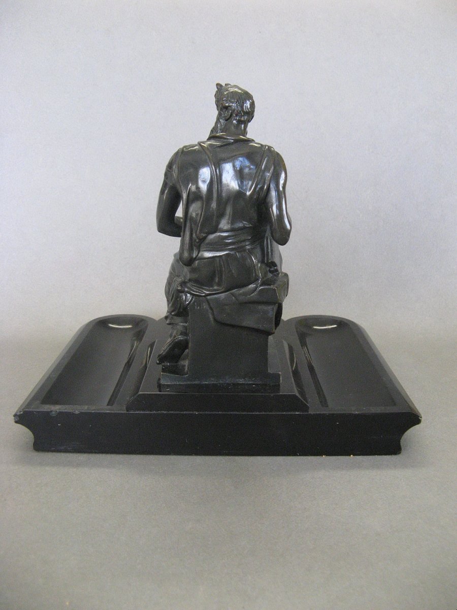 Encrier en marbre et bronze représentant "Moïse" de Michel-Ange XIXe.-photo-3