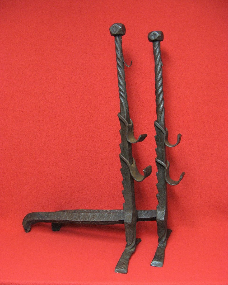 Pair Of Andirons Andirons Wrought Iron. High Hebrew. Lilies.-photo-2