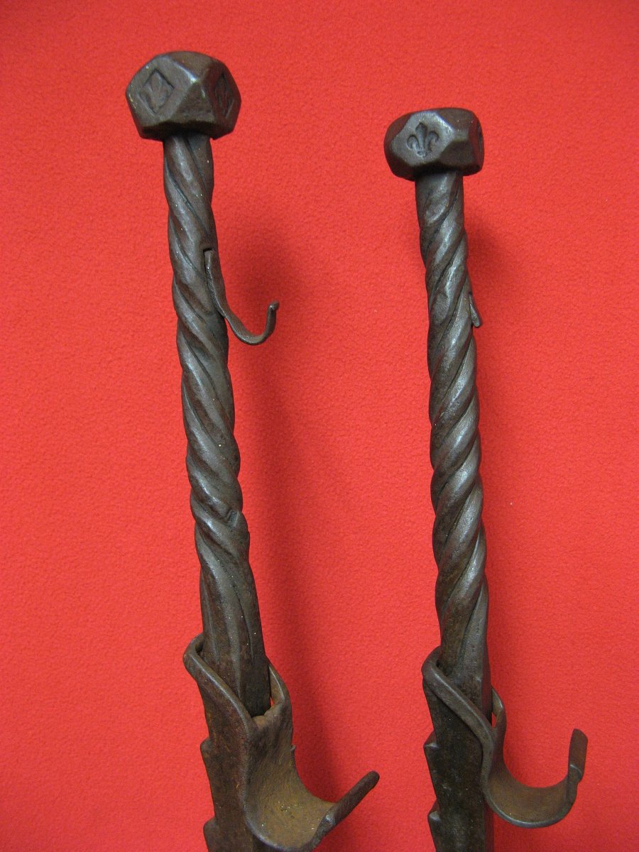 Pair Of Andirons Andirons Wrought Iron. High Hebrew. Lilies.-photo-1
